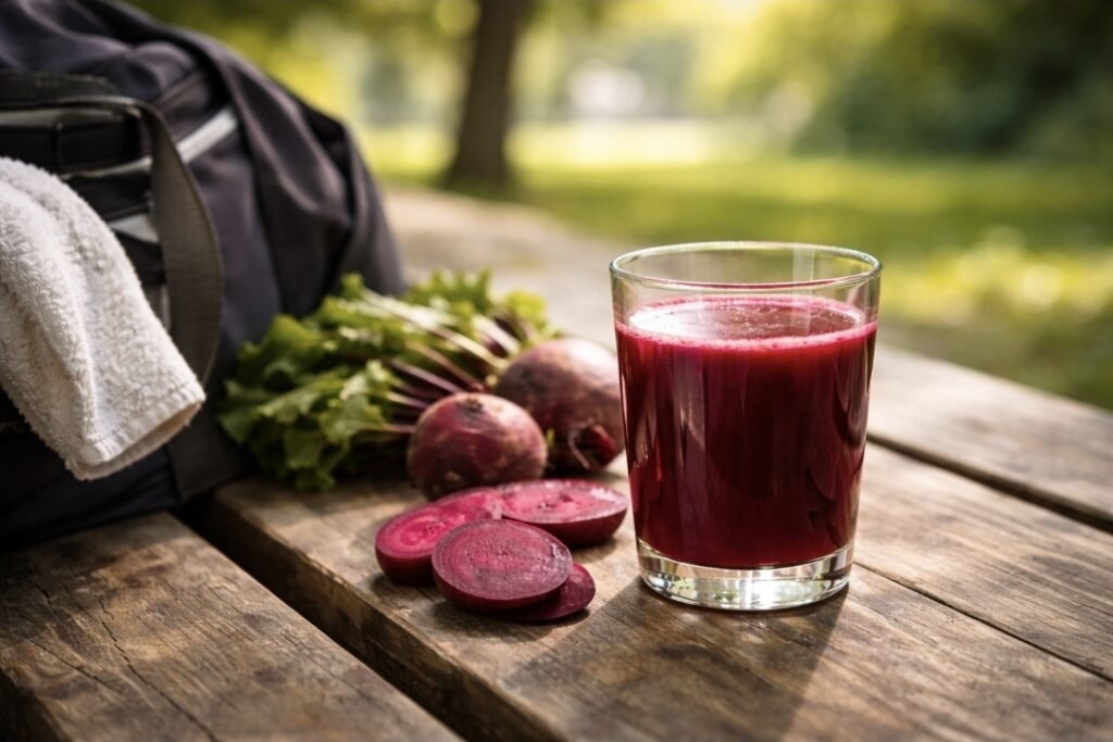 Beetroot juice outdoors in countryside setting supporting healthy blood circulation timing