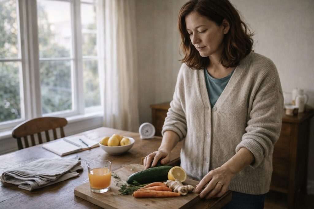 bright kitchen table with colorful vegetable juices and fresh produce, showing practical energy-focused juice recipes for a juice fast