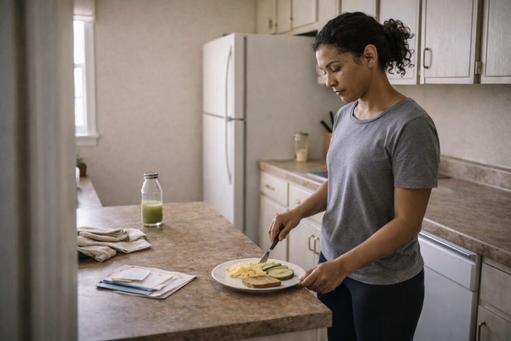 Woman in a modest older kitchen calmly plating a small refeed meal; a half-full pale green juice bottle sits off to the side.