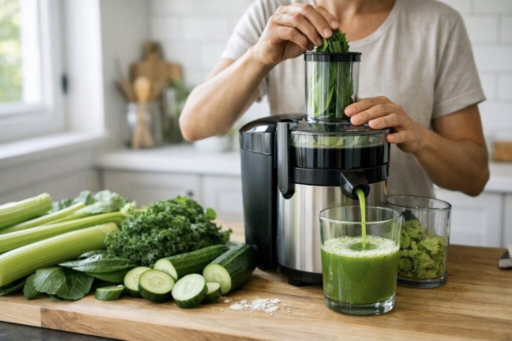 Healthy adult preparing fresh celery and cucumber juice using modern juicer in bright kitchen
