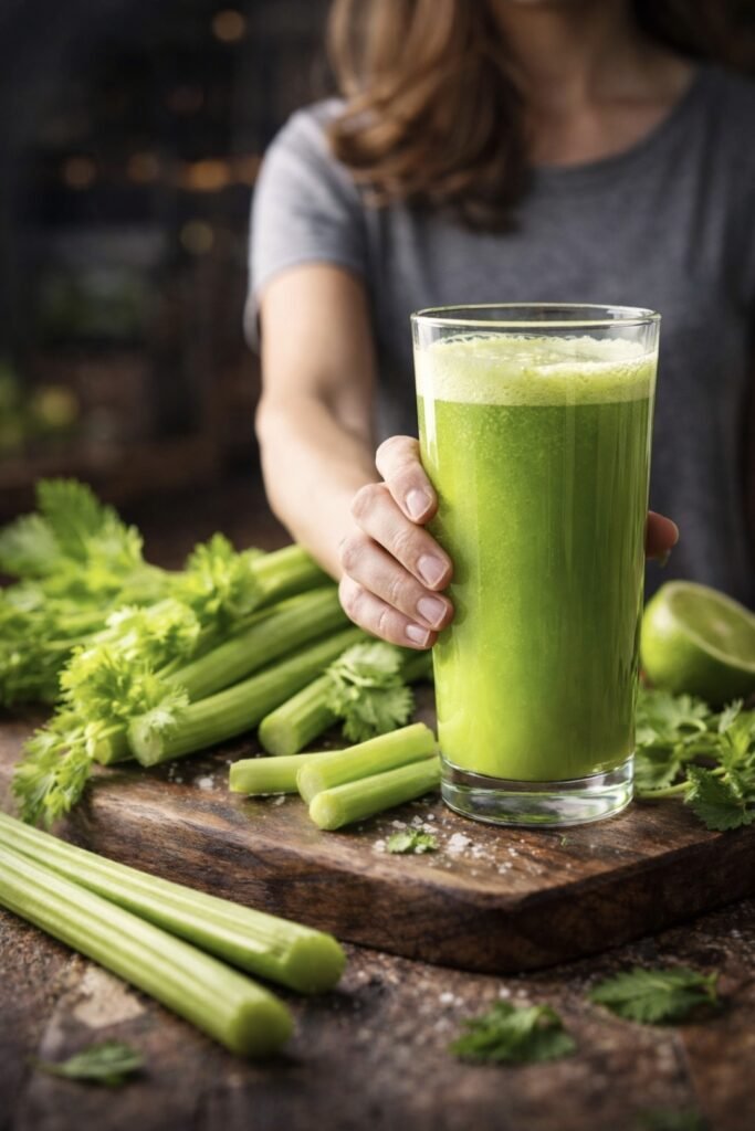 Celery Juice Benefits: Does It Really Help Weight Loss, Detox & Blood Pressure? Fresh celery juice in a glass held by woman in kitchen with raw celery on wooden board