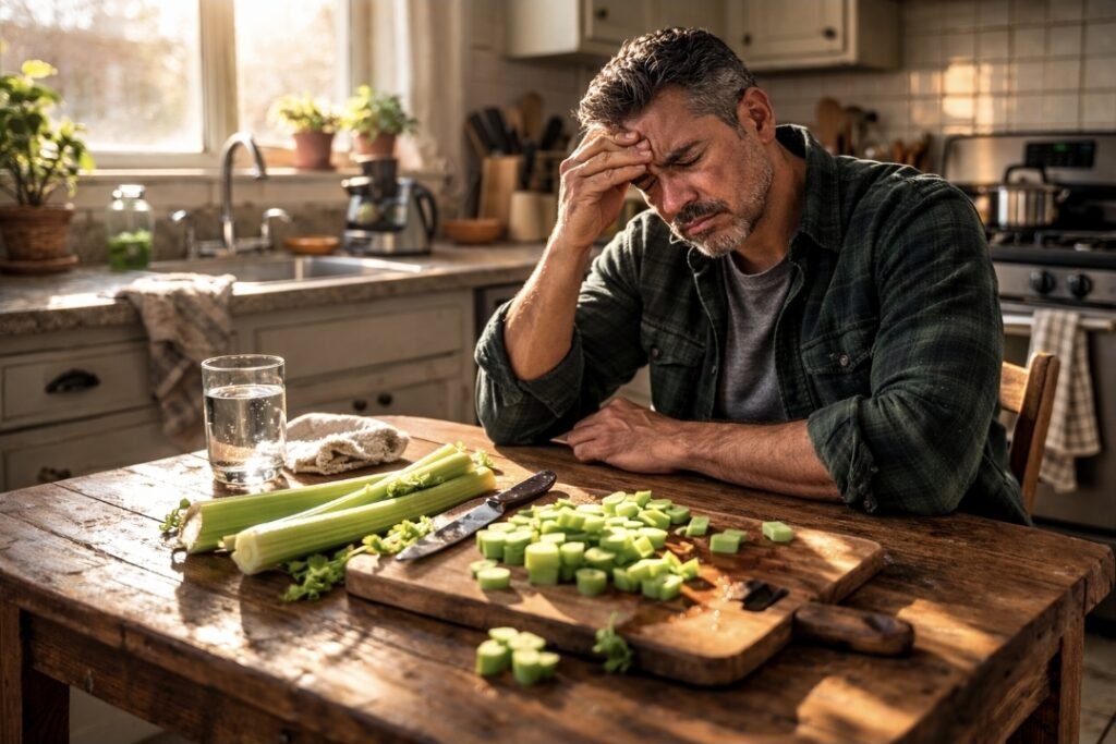 man touching forehead with celery on table showing fasting headache fatigue