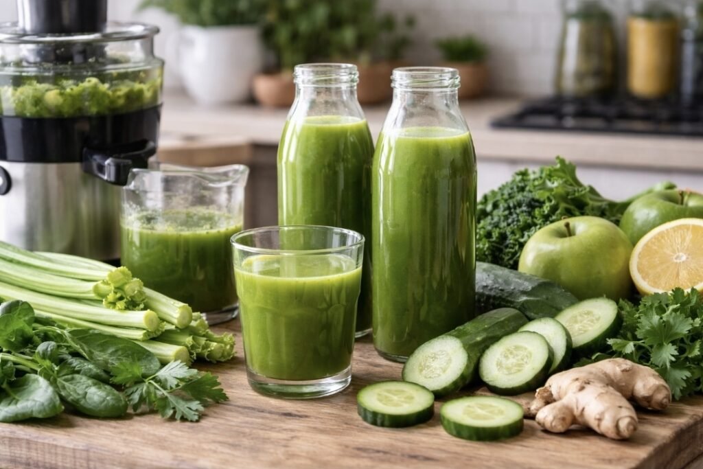 Coffee Withdrawal During a Juice Fast person experiencing coffee withdrawal headache while drinking green juice during juice fast