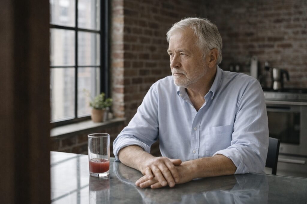 Middle-aged woman sitting at a kitchen table in soft daylight, looking serious and reflective beside a half-full bottle of pale yellow-green juice.