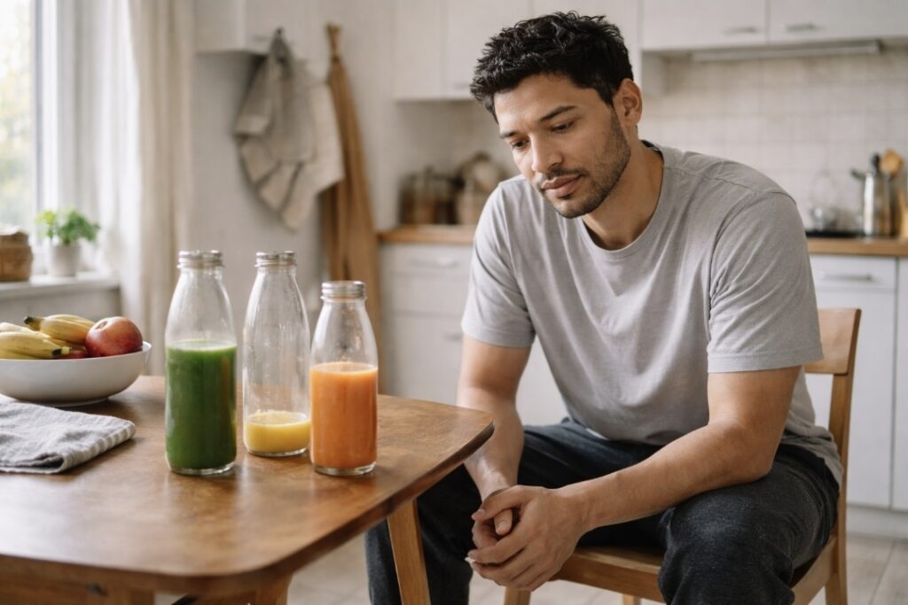 Eating Too Little During a Juice Fast Latino man at a bright kitchen table with three juice bottles, looking calmly tired, showing under-fueling fatigue during a juice fast