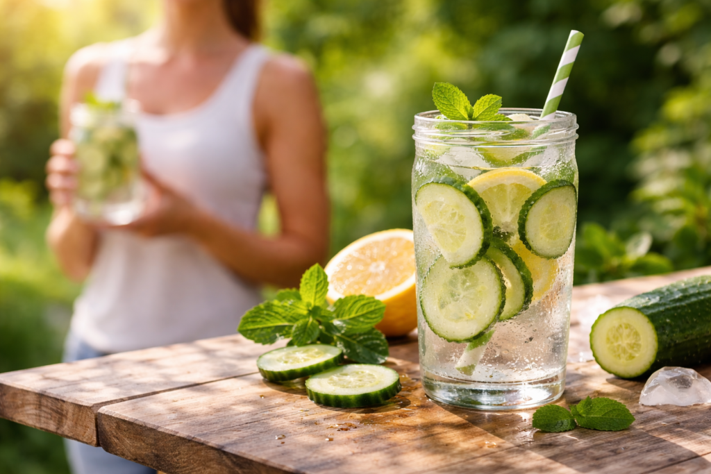 Cucumber Detox: What It Really Does (Hydration, Bloat, Weight Loss) — and What It Doesn’t Fresh cucumber detox water with sliced cucumber and lemon in glass jar on kitchen counter