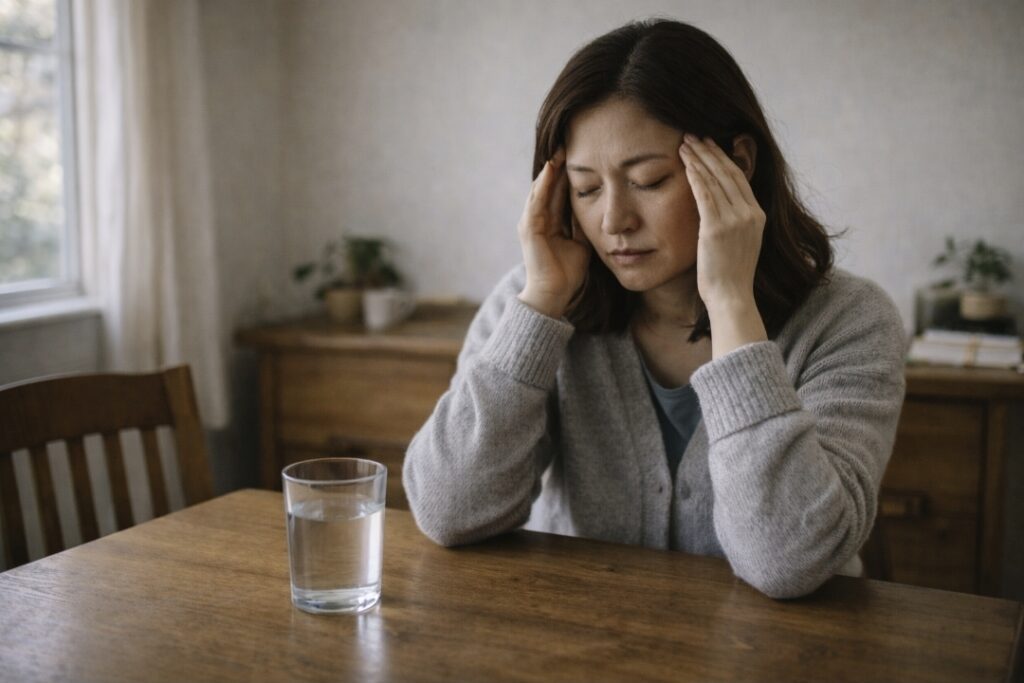 East Asian woman at a dining table in morning light, gently pressing her temples with a glass of water nearby.
