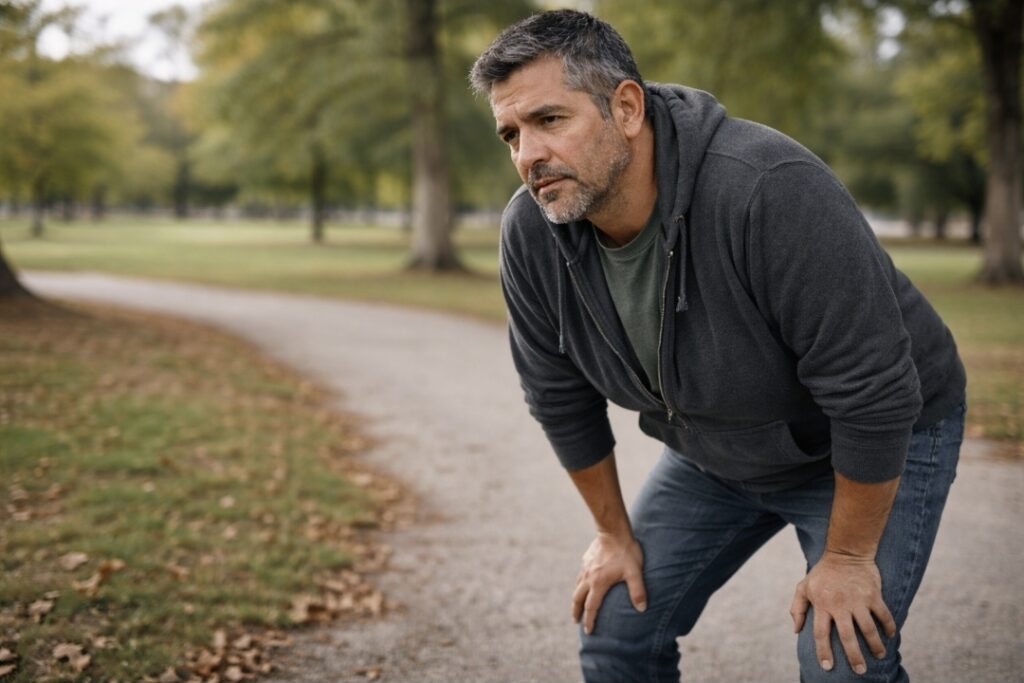 Man pausing and steadying himself, illustrating weak legs during a juice fast