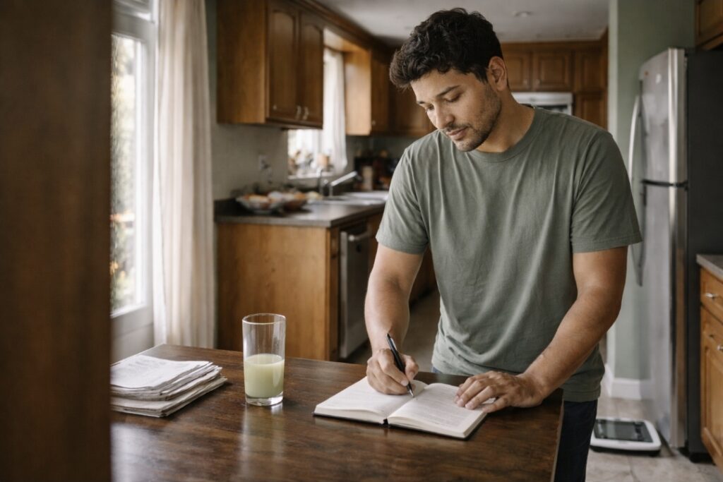 Latino man in his 40s standing at a dark wood dining table in a 1990s oak-cabinet kitchen, calmly reviewing a handwritten tracking notebook; a half-full glass of pale green juice sits nearby.