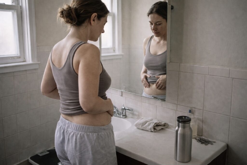 Woman checking her stomach in a bathroom mirror during the first three days of a juice fast