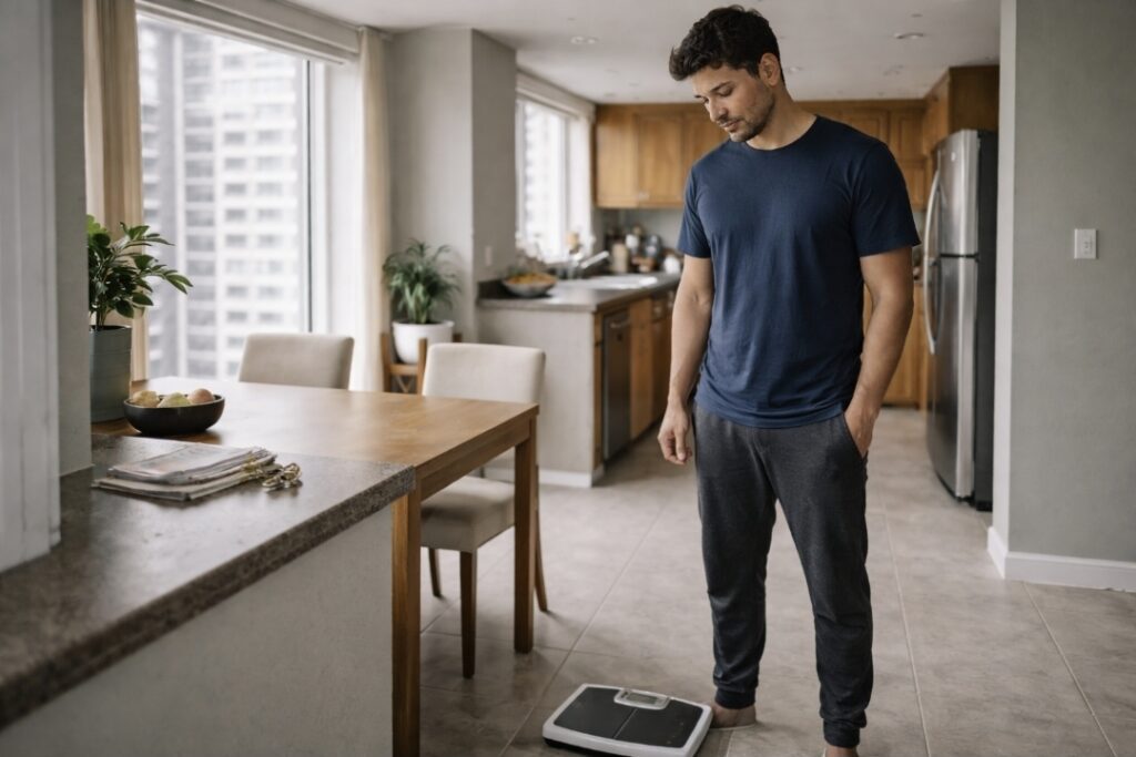 Is Juice Fast Weight Loss Just Water? How to Tell the Difference Latino man in a high-rise condo kitchen standing calmly near a bathroom scale; a folded measuring tape rests on the counter, suggesting measured tracking without obsession.