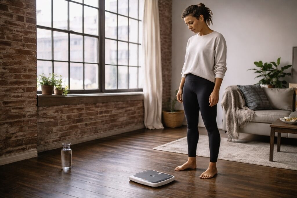 Woman in an industrial loft living room stands calmly near a bathroom scale on wooden floors, daylight through large windows; reflective but not distressed.