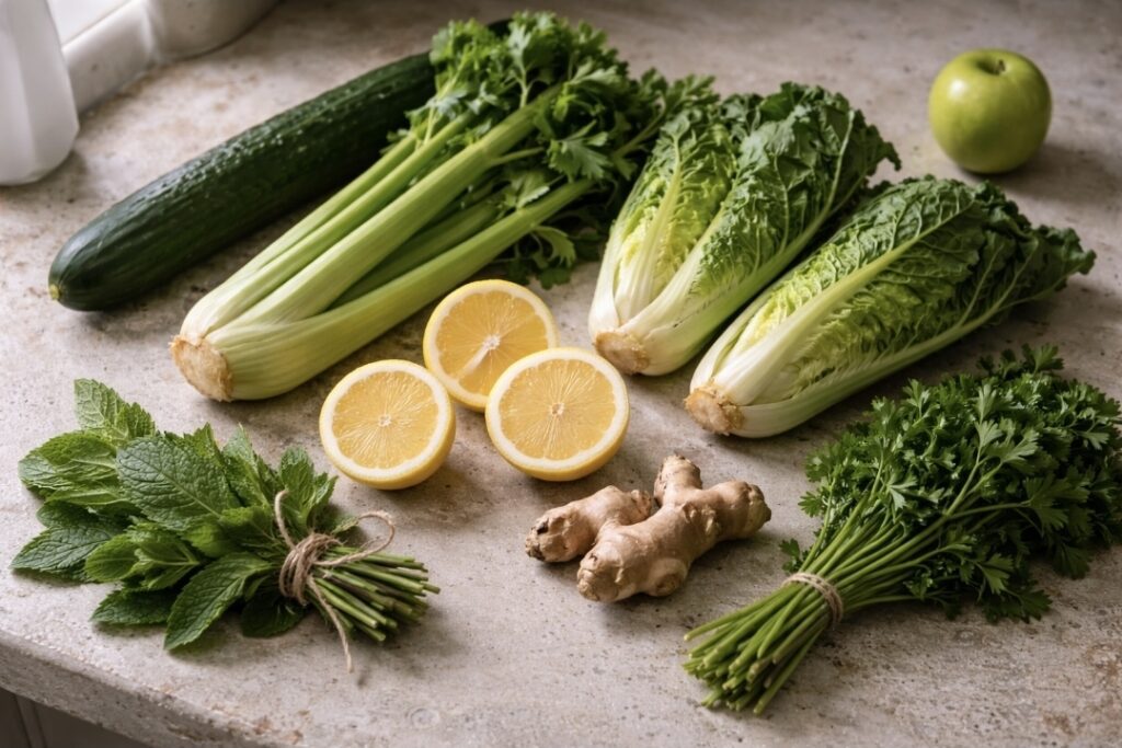 Low-sugar juice ingredients on a kitchen counter for fasting fat loss