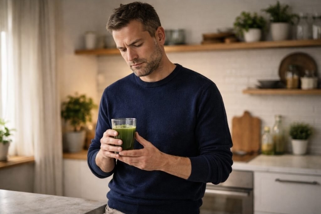 Man holding green juice looking concerned in kitchen during juice fast headache