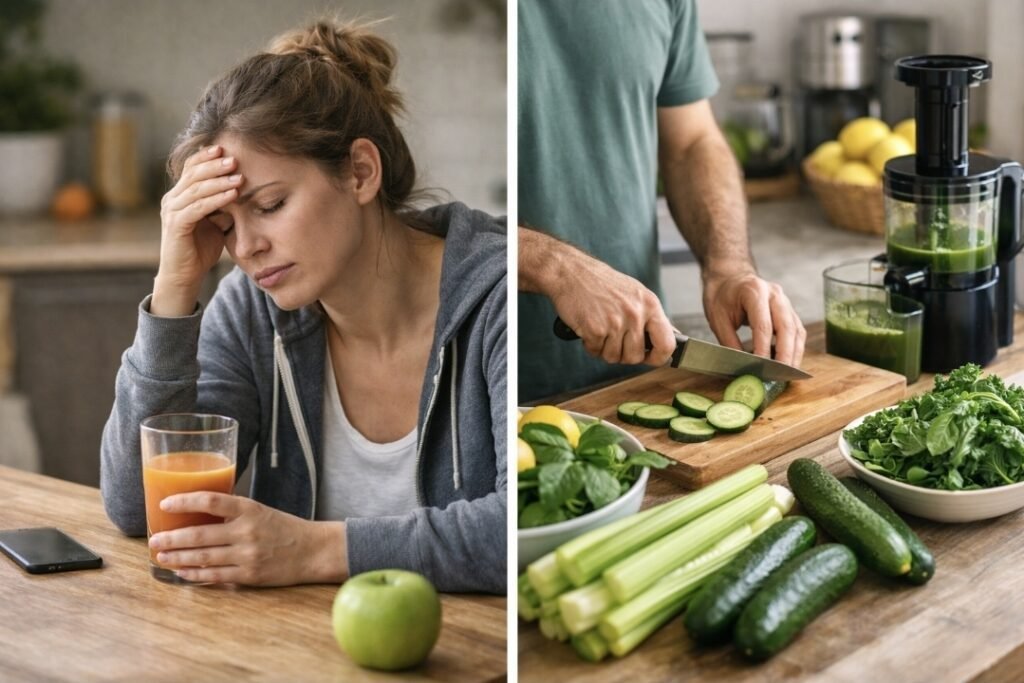 Sugar Crash During a Juice Fast Person feeling fatigued holding green juice during a juice fast sugar crash