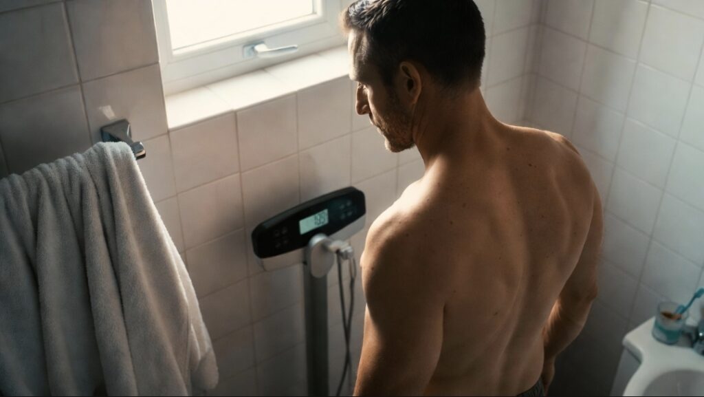 Bathroom scale and water bottle on tile floor after a juice fast