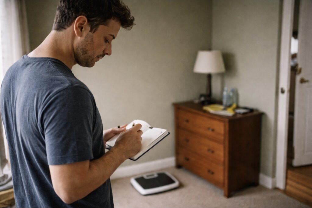 When Does Fat Loss Start During a Juice Fast? Young man in a simple bedroom writing notes in a notebook with a bathroom scale on the floor in the background, calm and reflective.