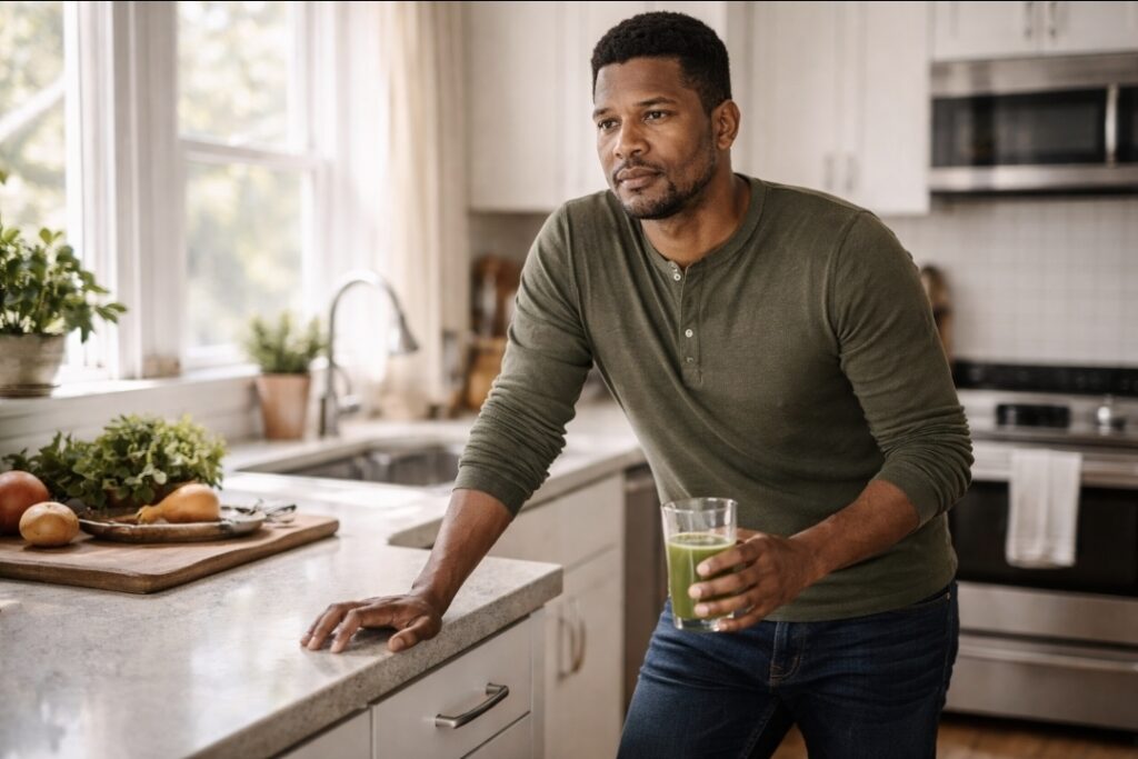 Why Am I So Tired on a Juice Fast? Man standing in a kitchen holding a glass of green juice with a thoughtful, low-energy expression during a juice fast