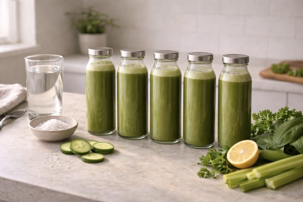 Five green juice bottles with water, salt, and fresh vegetables for a 3-day juice fast plan.