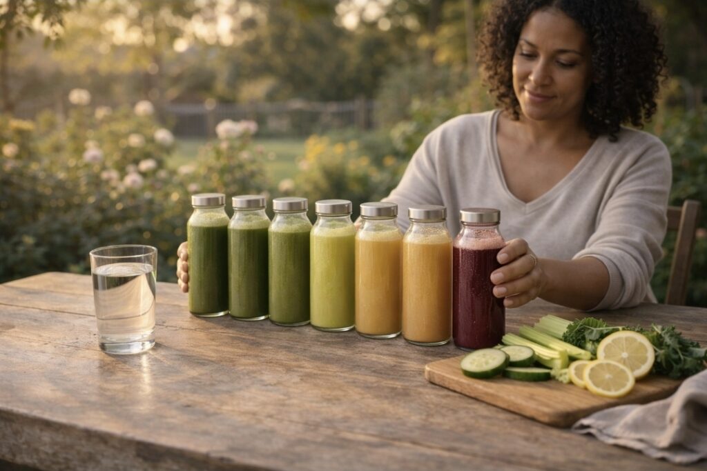 Seven bottles of vegetable juice lined up for a 7-day juice fast plan on an outdoor table
