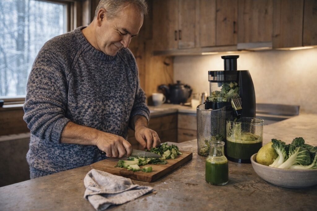 older adult preparing vegetables and fresh green juice in a rustic kitchen while getting ready to break a juice fast