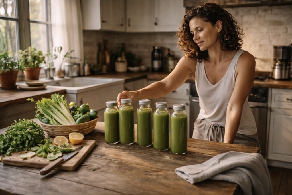 preparing vegetable juices on a kitchen counter before starting a juice fast