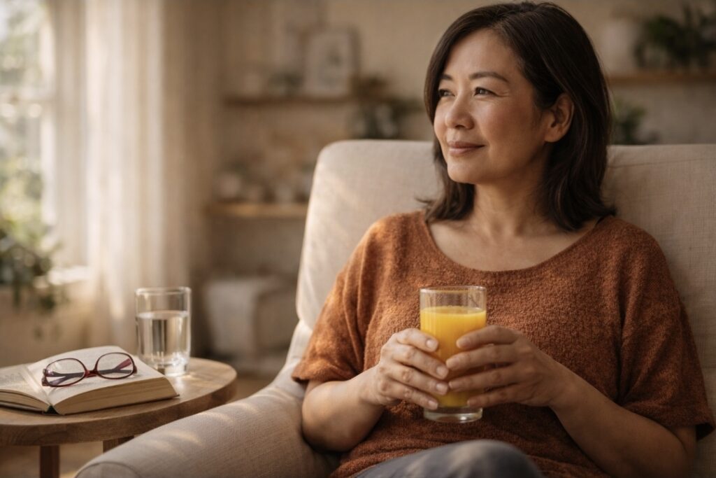 Woman sitting with a glass of juice during a juice fast, calm but reflective