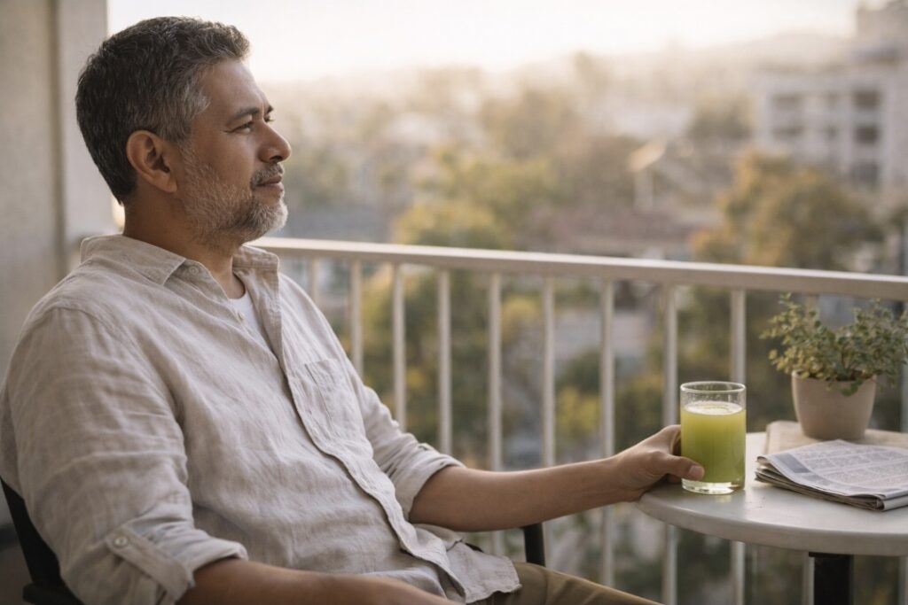 Man sitting on a balcony with a green juice during a juice fast, calm and reflective