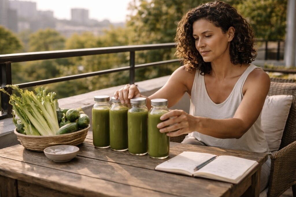 Woman arranging green juice bottles while planning a juice fast day on a balcony table