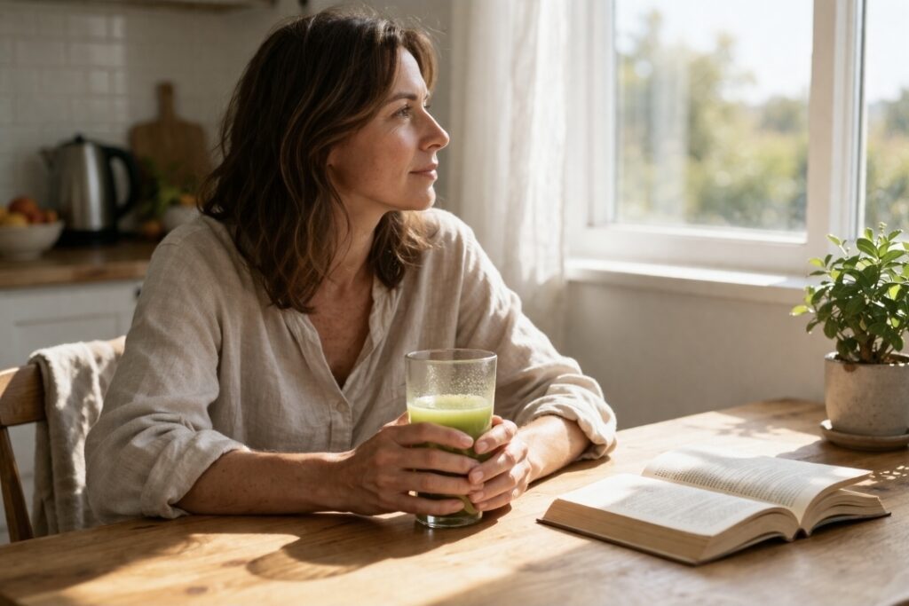 Woman sitting at a table with a green juice during a juice fast, looking distracted and reflective