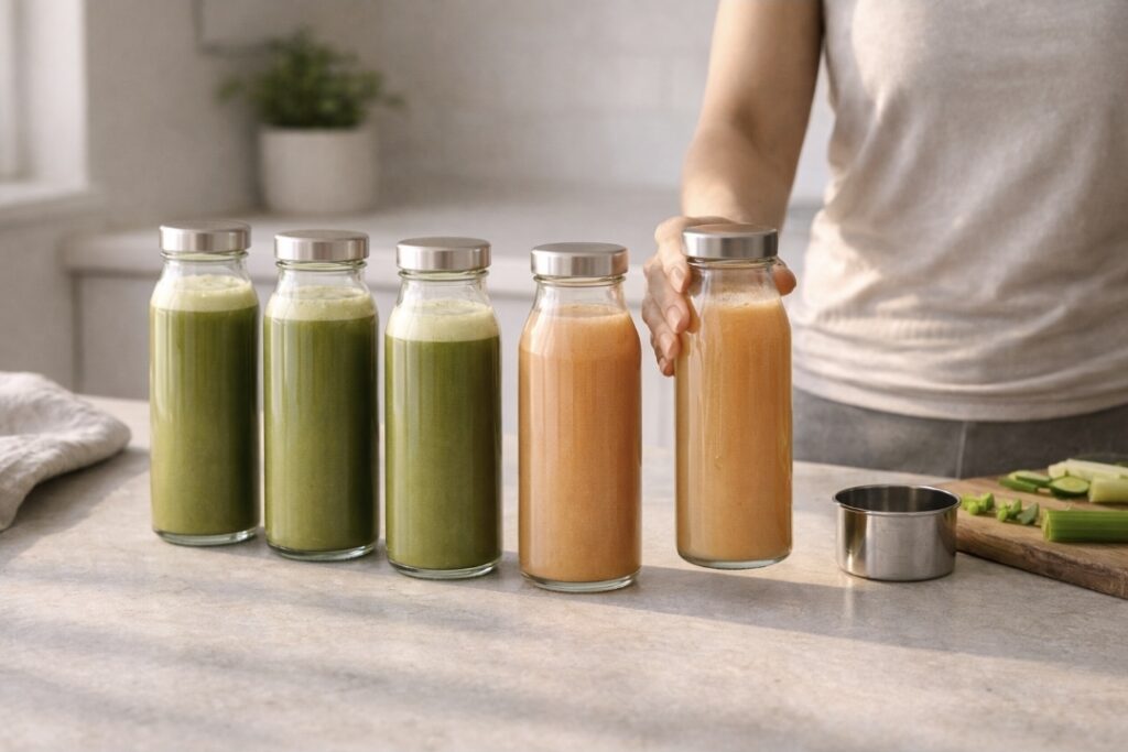 Five glass bottles of vegetable juice on a kitchen counter, with a person placing one bottle.