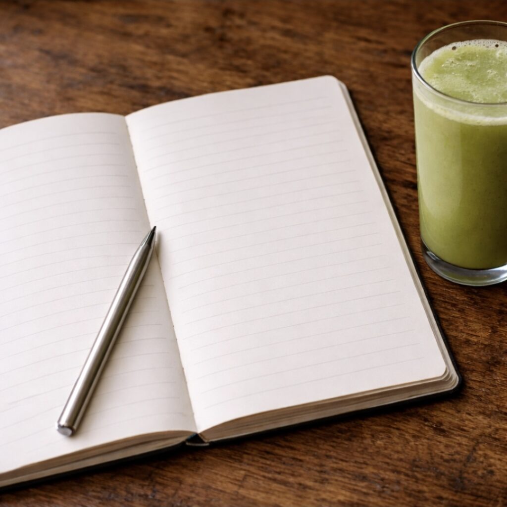 How Often Can You Juice Fast for Weight Loss? Open notebook and pen beside a green juice on a wooden table