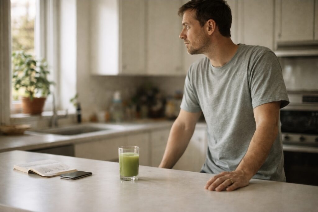 Man on a juice fast standing in a kitchen with a glass of green juice
