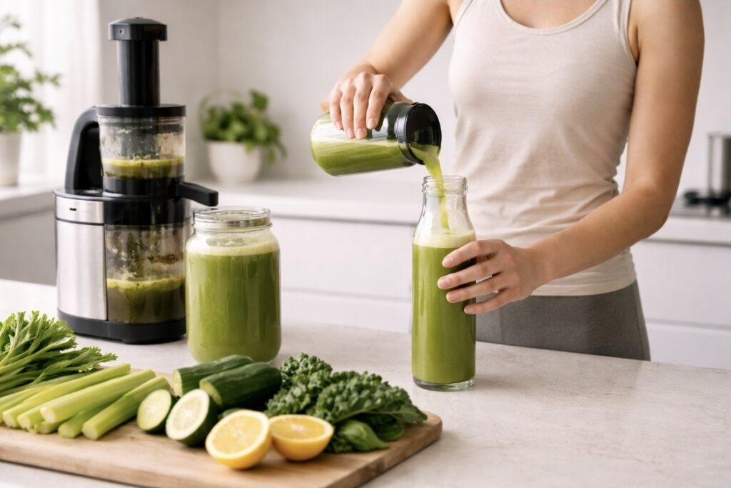 Person pouring green juice into a bottle beside a home juicer and prepped vegetables