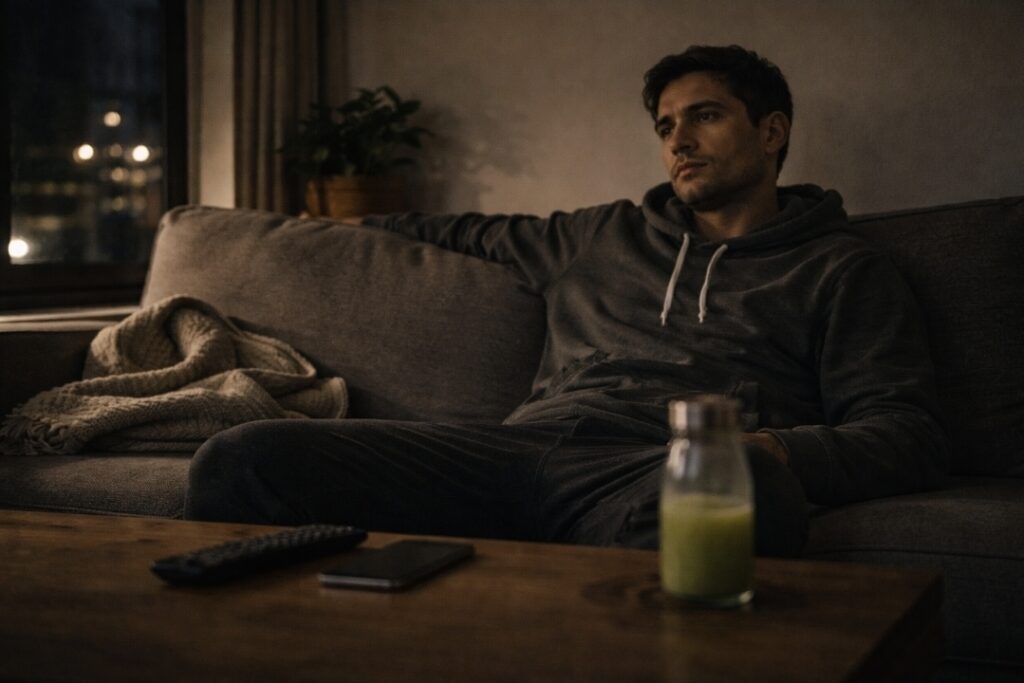 Man sitting on a couch at night with a bottle of green juice on the table during a juice fast