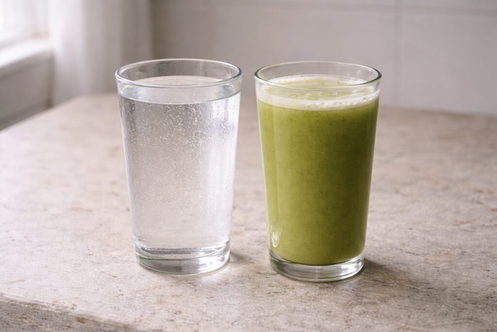 Two glasses on a countertop: one water and one green juice