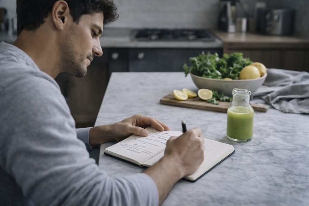 man writing in a notebook beside a bottle of green juice while planning a 1-day juice fast