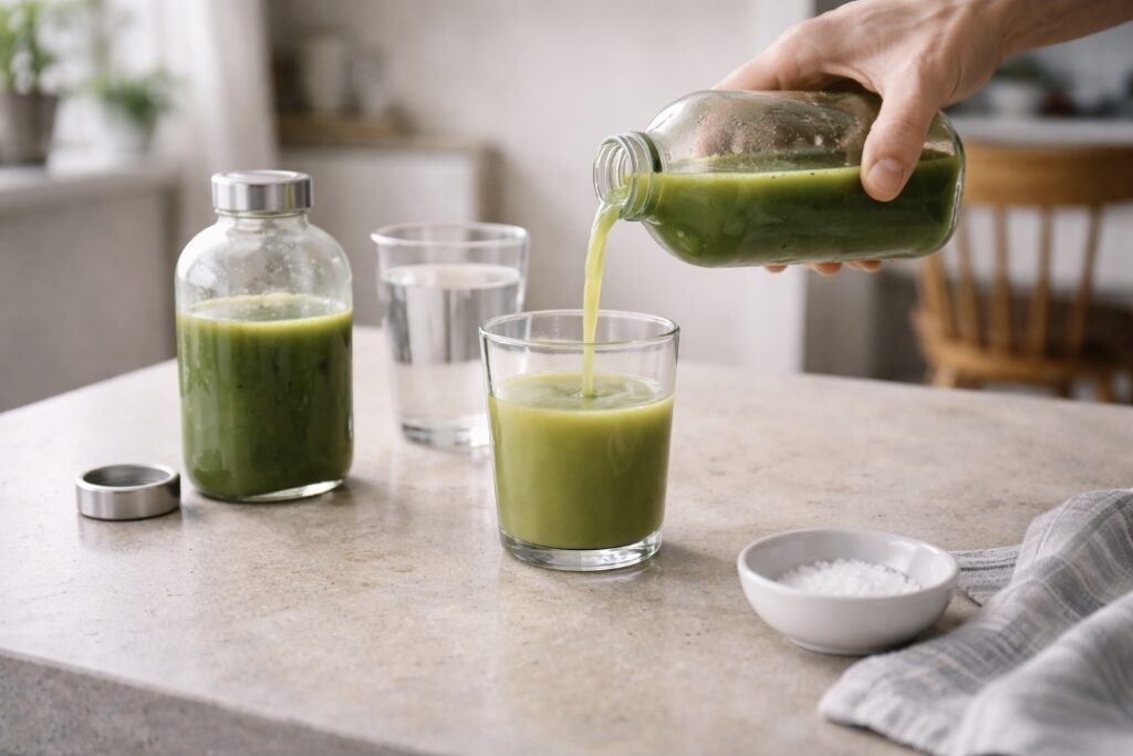 Pouring a green juice into a glass beside water and a small dish of salt during a juice fast.