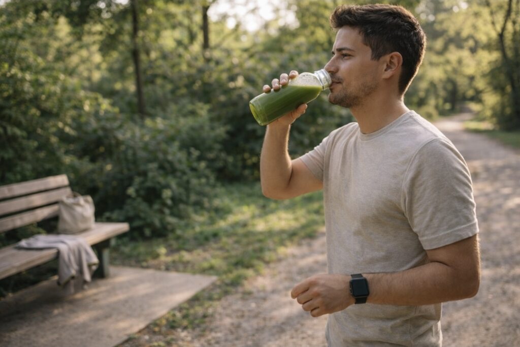 Man walking along a park trail while drinking a bottle of green juice.