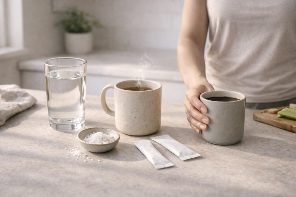 Countertop setup with water, herbal tea, black coffee, salt bowl, and electrolyte packets during a juice fast.