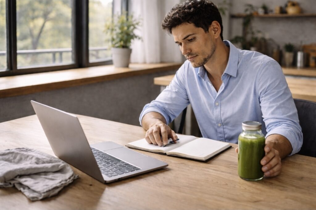 young professional working at a laptop with a bottle of green juice during a juice fast