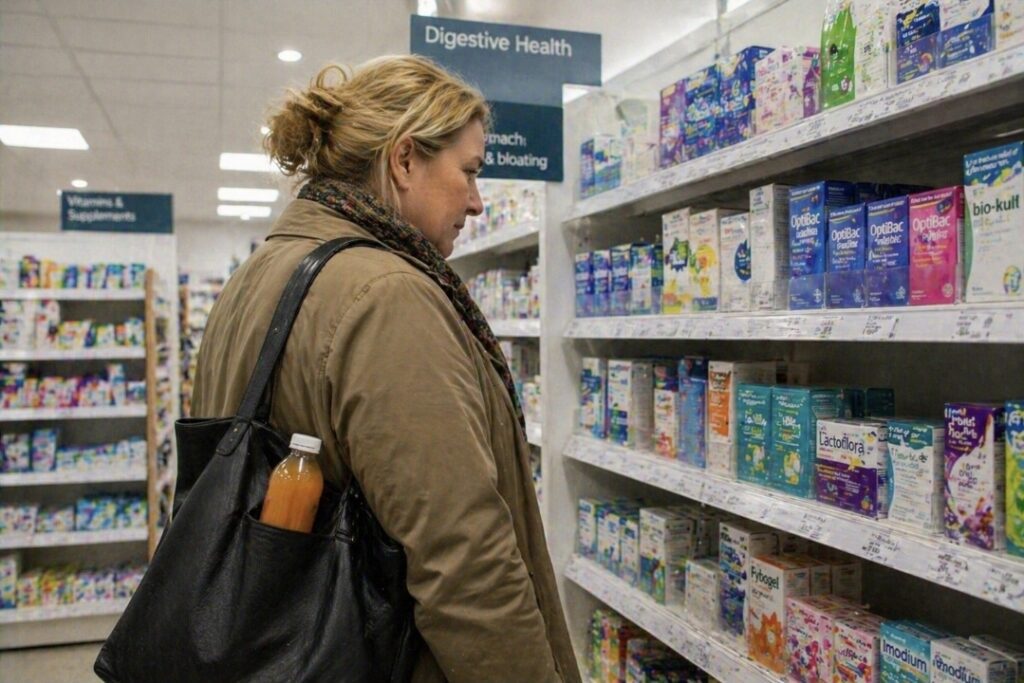Woman in a pharmacy digestive health aisle with an orange juice bottle in her bag, looking at gut health products during a juice fast