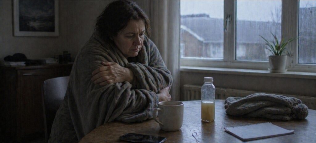 Woman wrapped in a blanket at a table on a cold morning during a juice fast, with a pale juice bottle and mug nearby