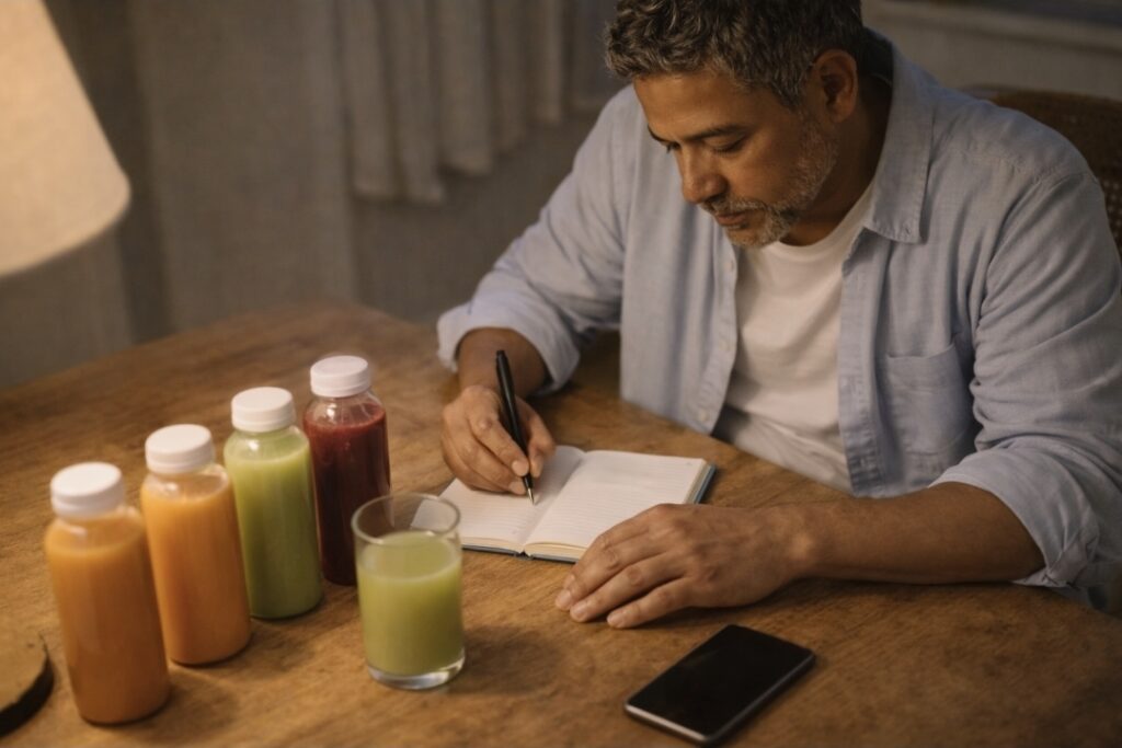 Man writing out a juice cleanse plan beside prepared bottles on a table