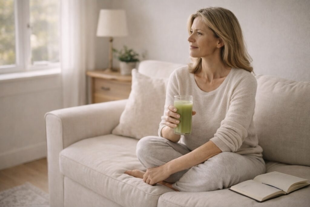 Woman sitting on a sofa holding green juice during a calm juice cleanse check-in