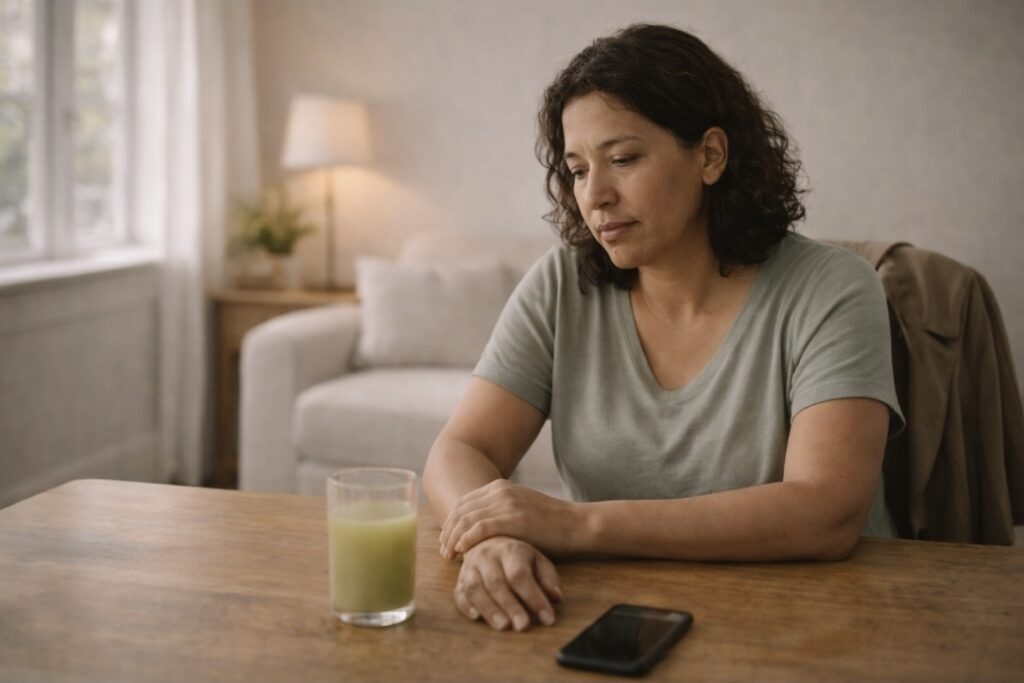 Woman sitting quietly at a table with green juice during a hard afternoon on a juice cleanse