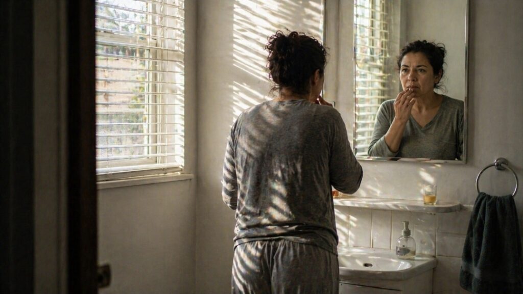Woman checking her mouth in a bathroom mirror during a juice fast, with a small glass of pale juice on the sink