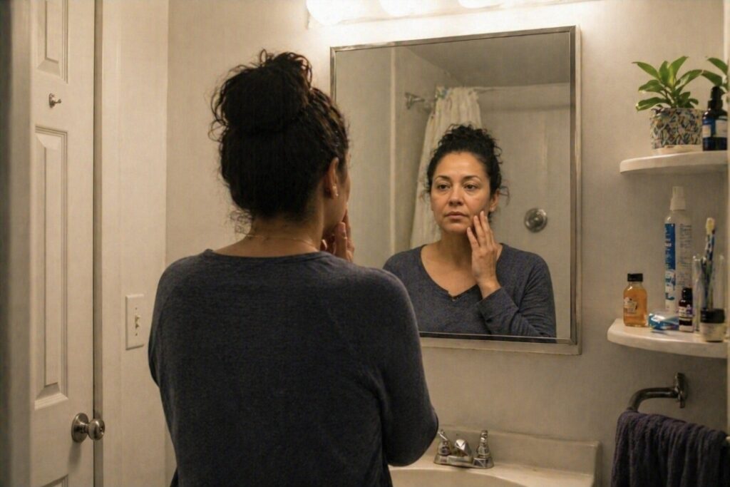Skin Changes During a Juice Fast: Breakouts, Puffiness, and Clearer Skin Woman checking her skin in a bathroom mirror