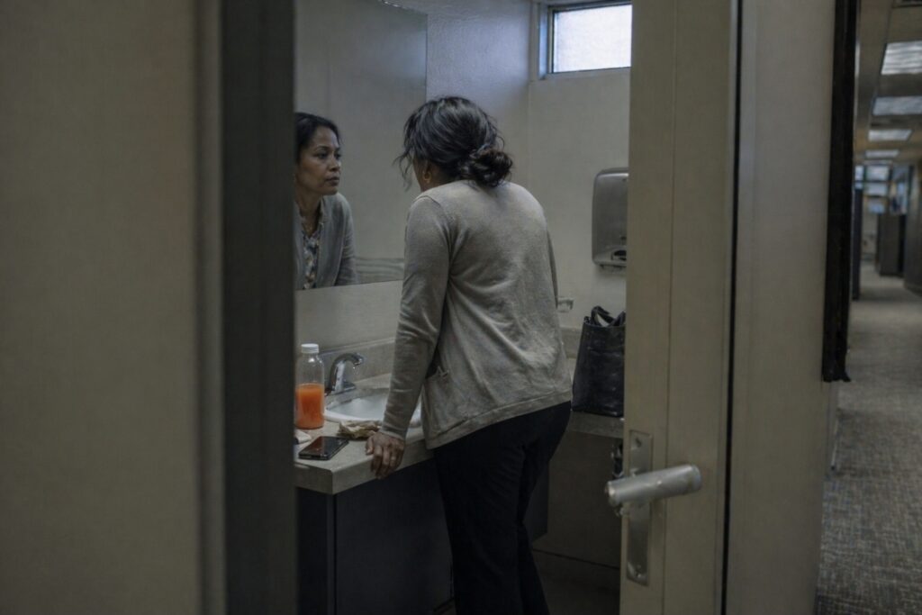 Woman in an office washroom checking herself in the mirror during a difficult afternoon on a juice fast, with an orange juice bottle by the sink
