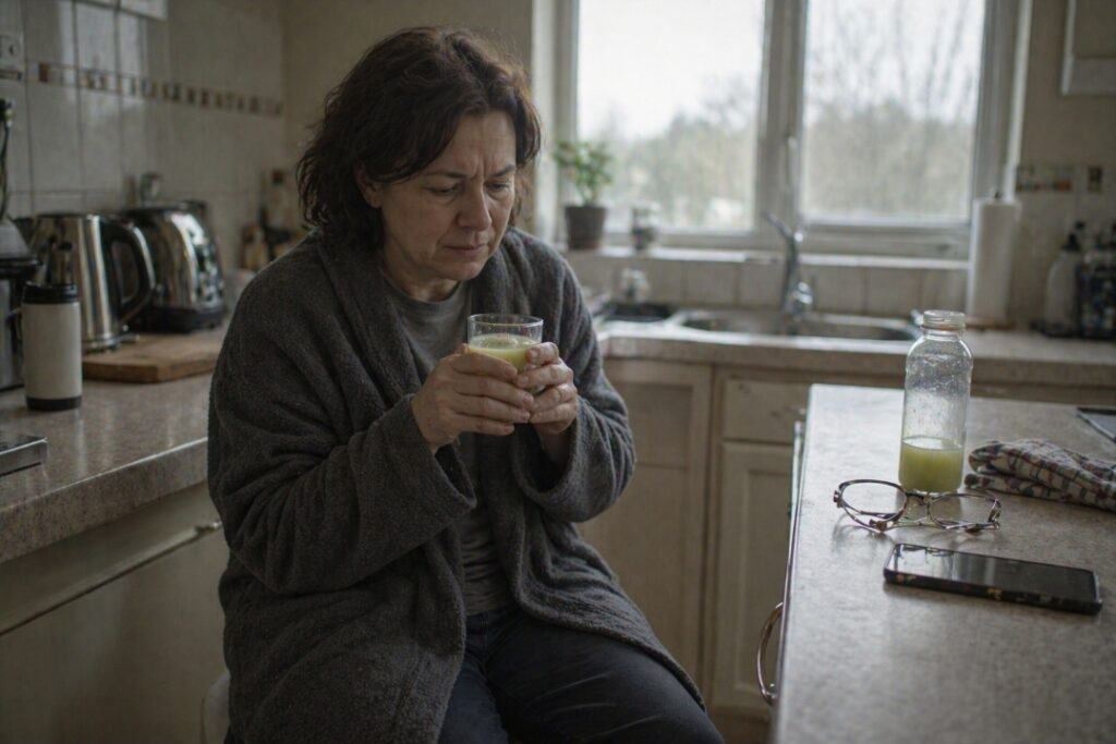 Woman sitting on a kitchen stool in a grey mid-morning kitchen holding a small glass of pale yellow juice and looking mildly nauseous